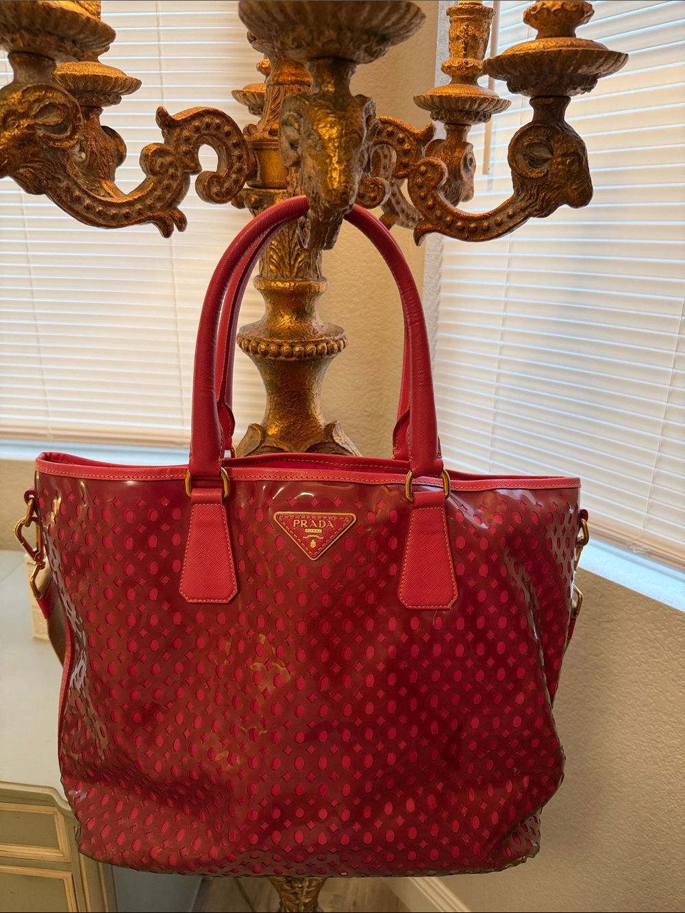 Prada Pink Patent Polka Dot Tote